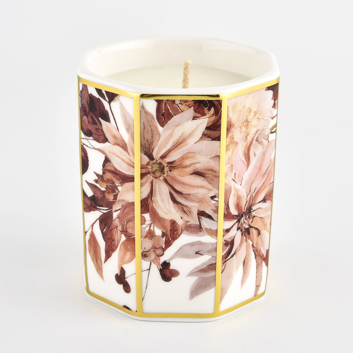 Wholesale Unique Hexagonal Ceramic Candle Vessels With Custom Pritnting