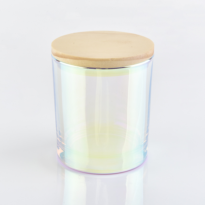 8 oz 10 oz 12oz Luxury Holographic Glass Candle Jar with  Wooden Lid Wholesale