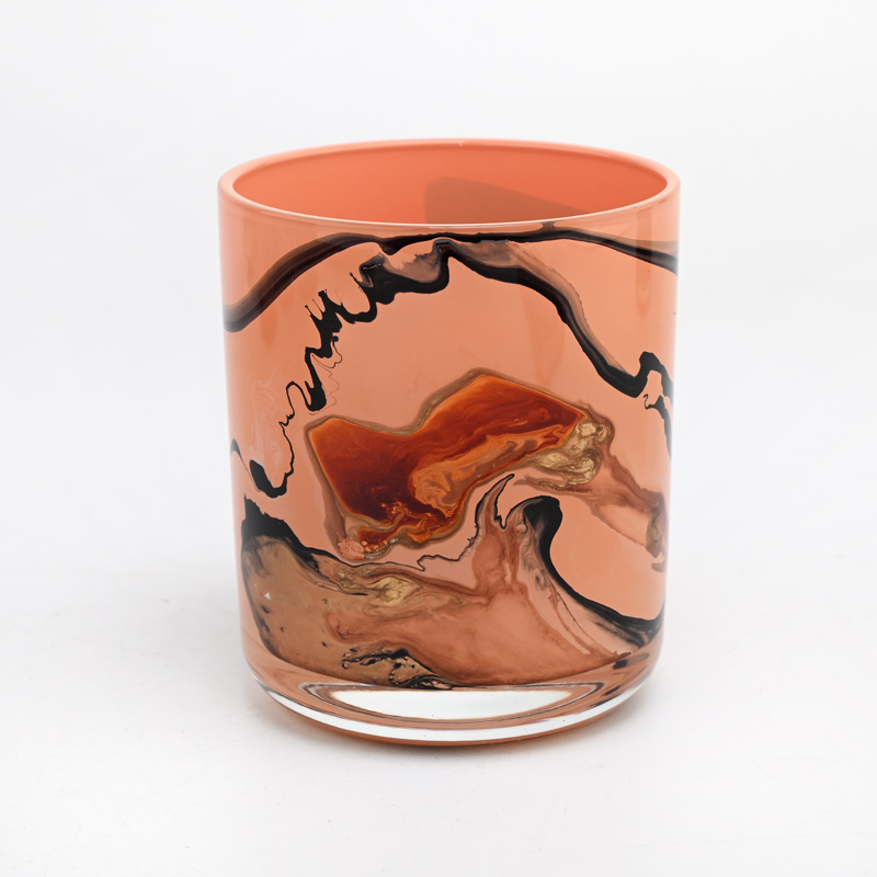 8oz decorative glass candle holder orange and black mixed
