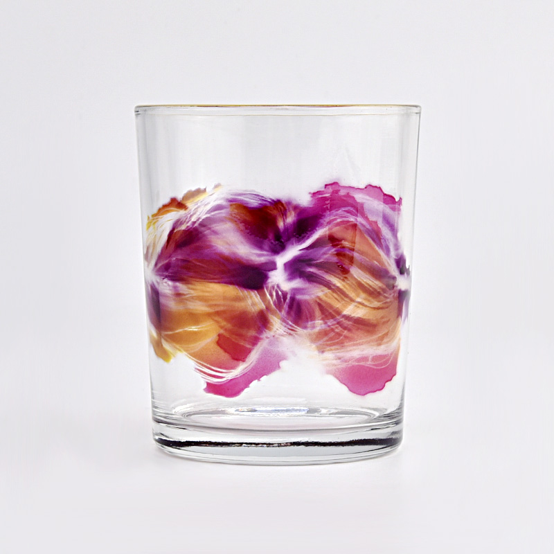 wholesale  small capacity glass candle jars with colorful painting and gold rim