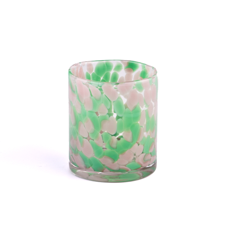 green and pink stained glass candle vessel, hand blown colorful candle jars