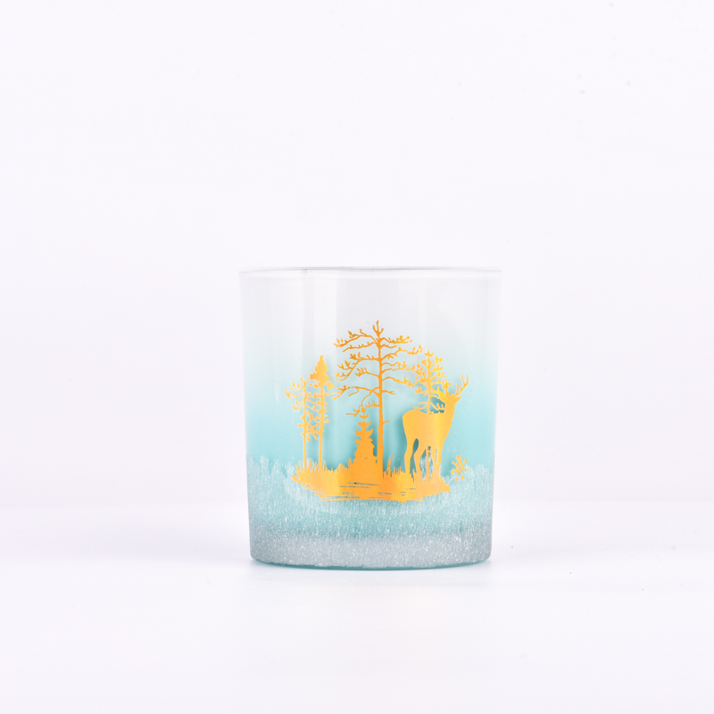 vaso de vela de vidro de cor azul com logotipo gravado a laser atacado