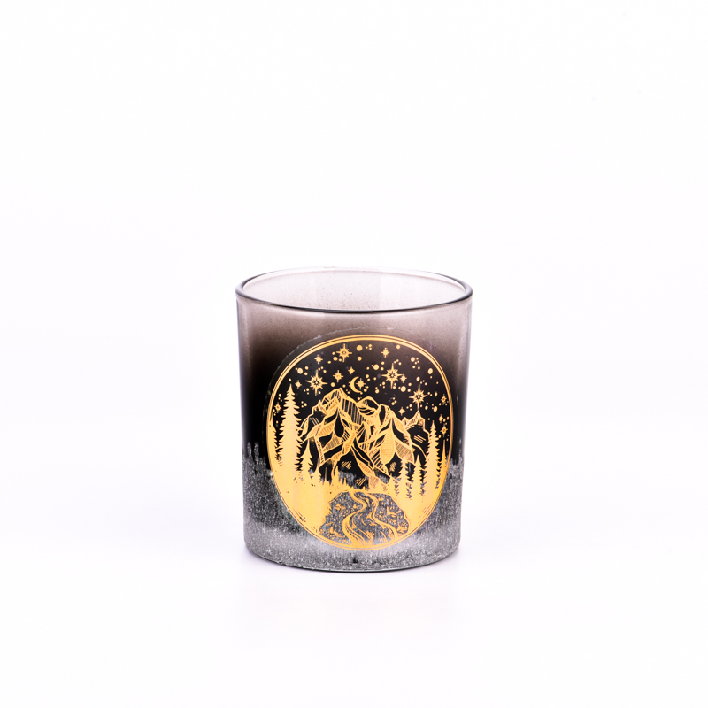 Supplier gradient amber color with gold customized pattern on the 8oz glass candle holder for home deco