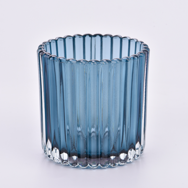 Wholesale Modern Ribbed Glass Candle Vessels with blue color decor