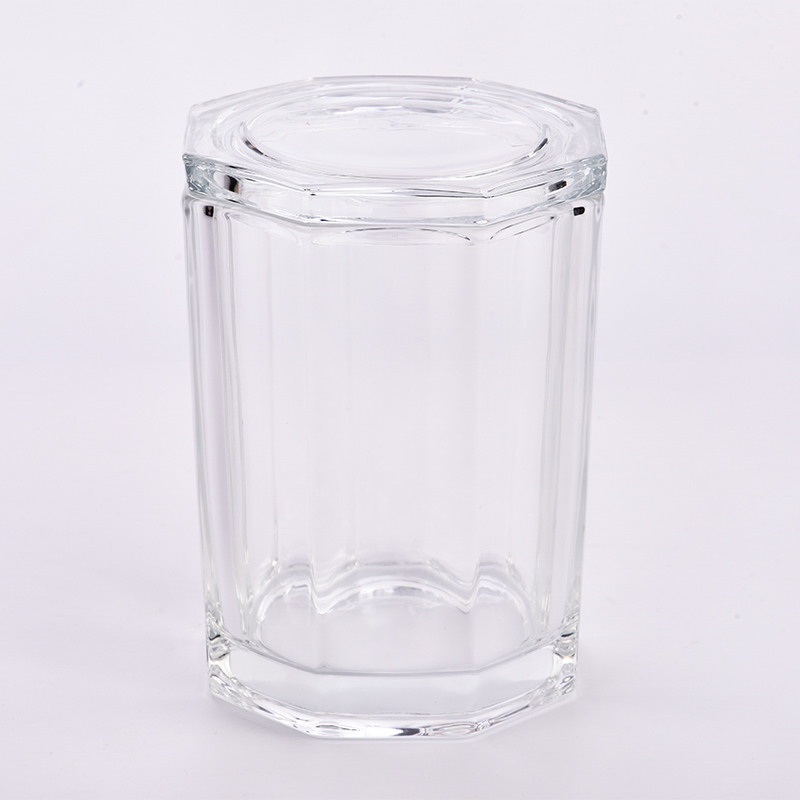 Malaking octagon glass candle jar na may takip ng salamin para sa pakyawan