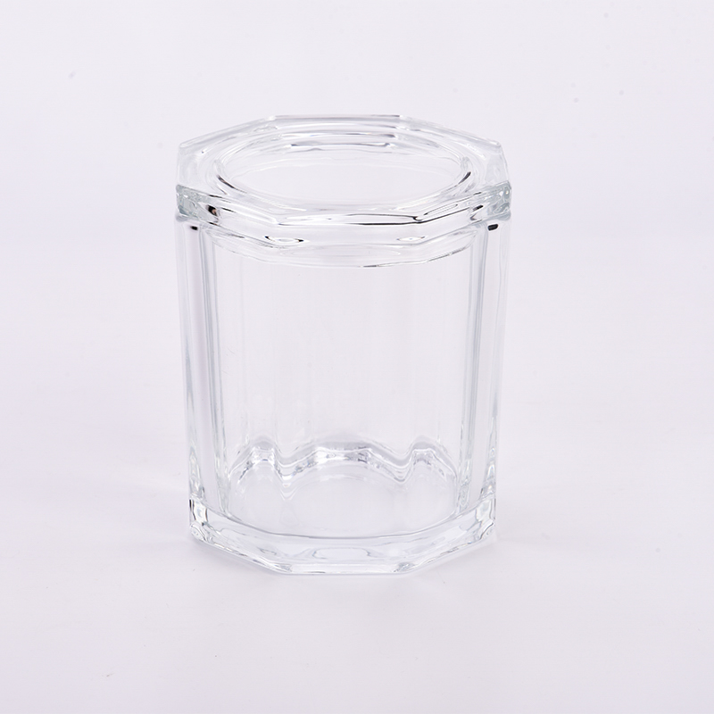 Wholesale custom logo octagonal 691ml transparent large capacity glass candle jar with lid