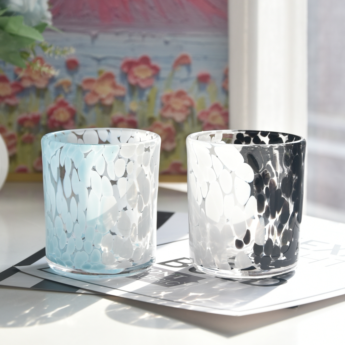 Custom blue and white spotted glass candle jar for candle making