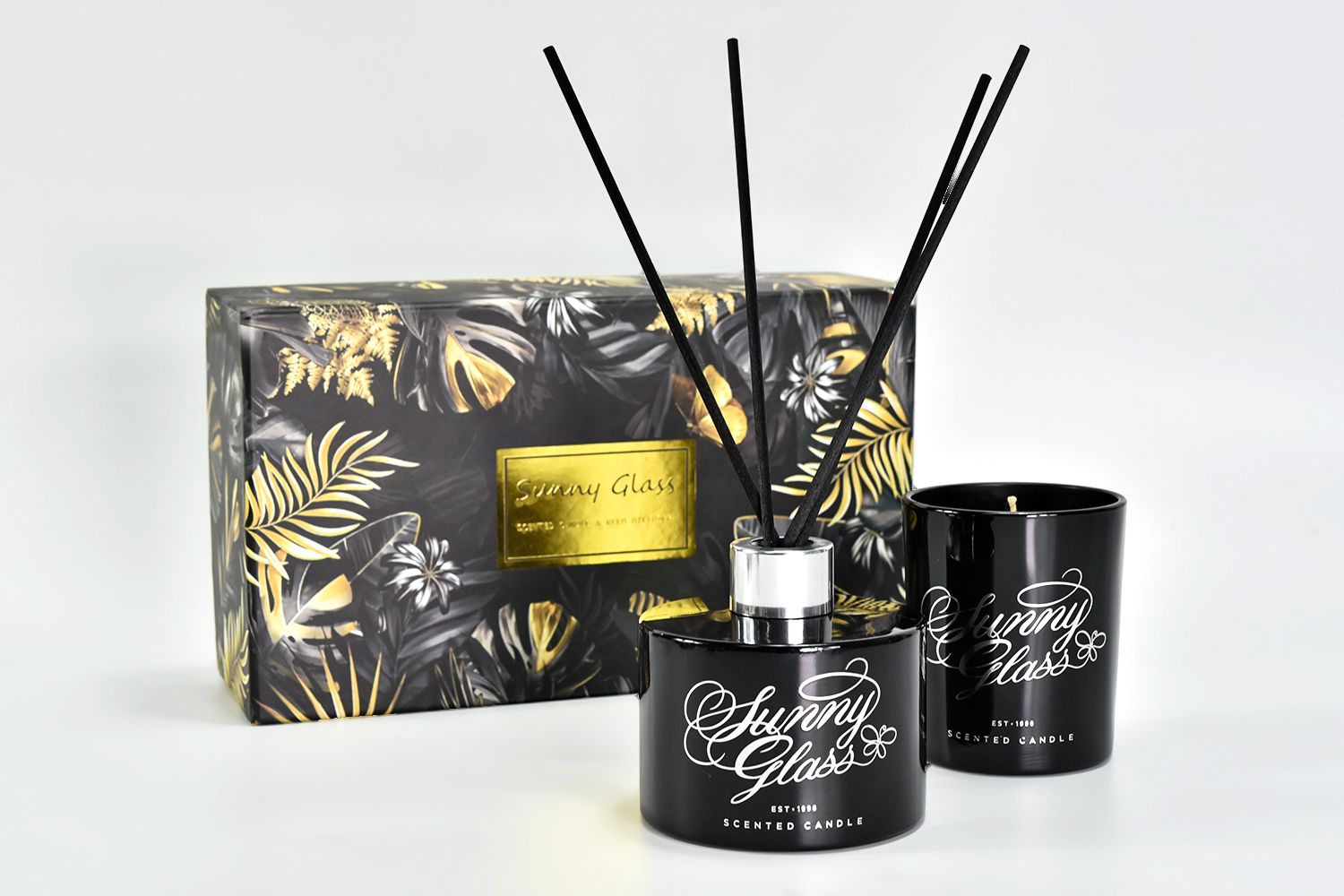 Özel Hediye Seti Siyah Cam Difüzör Şişeli Siyah Cam Mumluklar