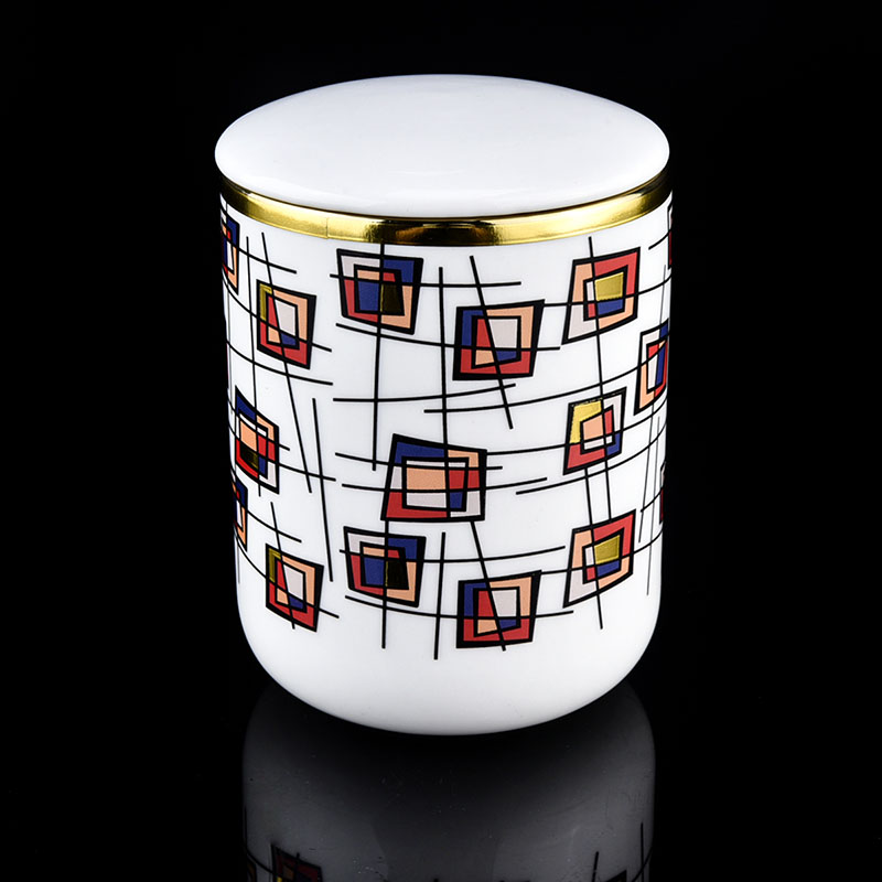 Dekor doma Bijela keramička staklenka za svijeće s poklopcem s tiskanjem umjetničkih djela