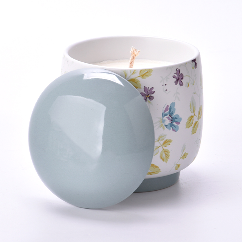 Wholesale 5oz 6oz 8oz 10oz 12oz Beautiful Printing Ceramic Candle Vessel With Lids