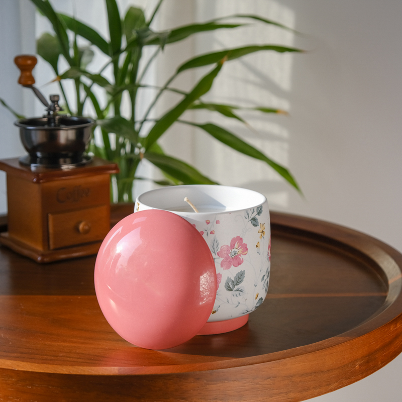 Spring Floral Ceramic Candle Jar With Lids Custom Ceramic Candle Containers Spring Floral Ceramic Candle Jar With Lids Custom Ceramic Candle Containers