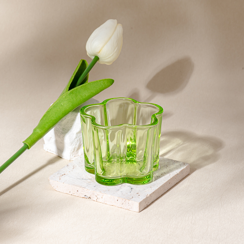 140ml flower shape green color glass candle vessel