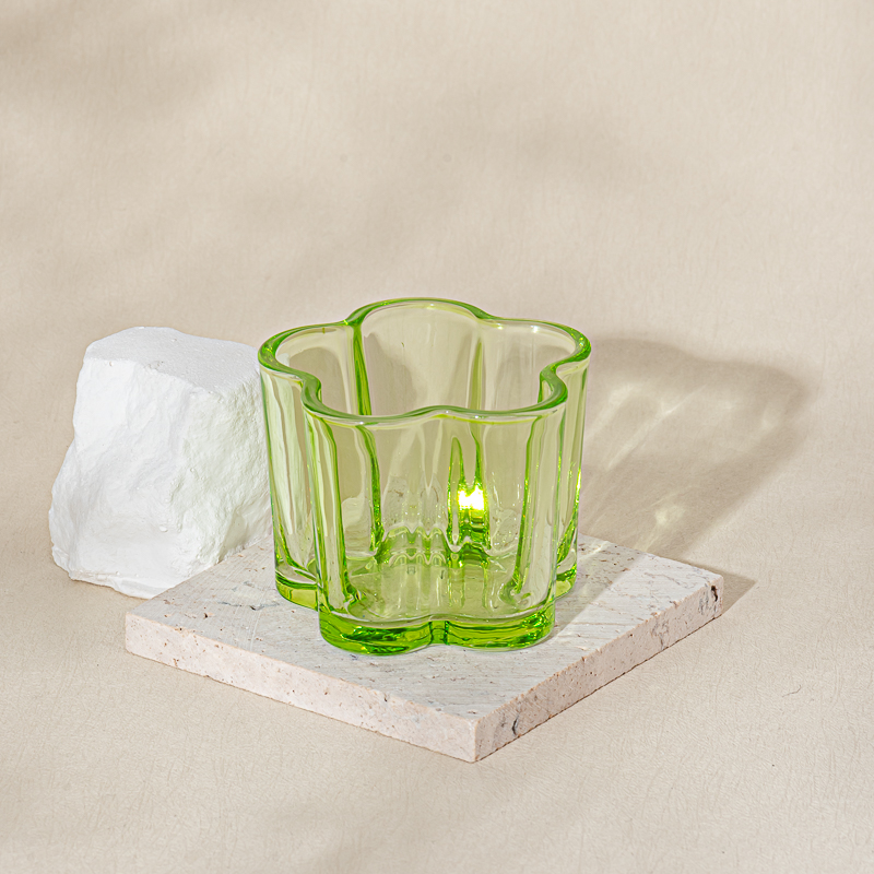 140ml flower shape green color glass candle vessel