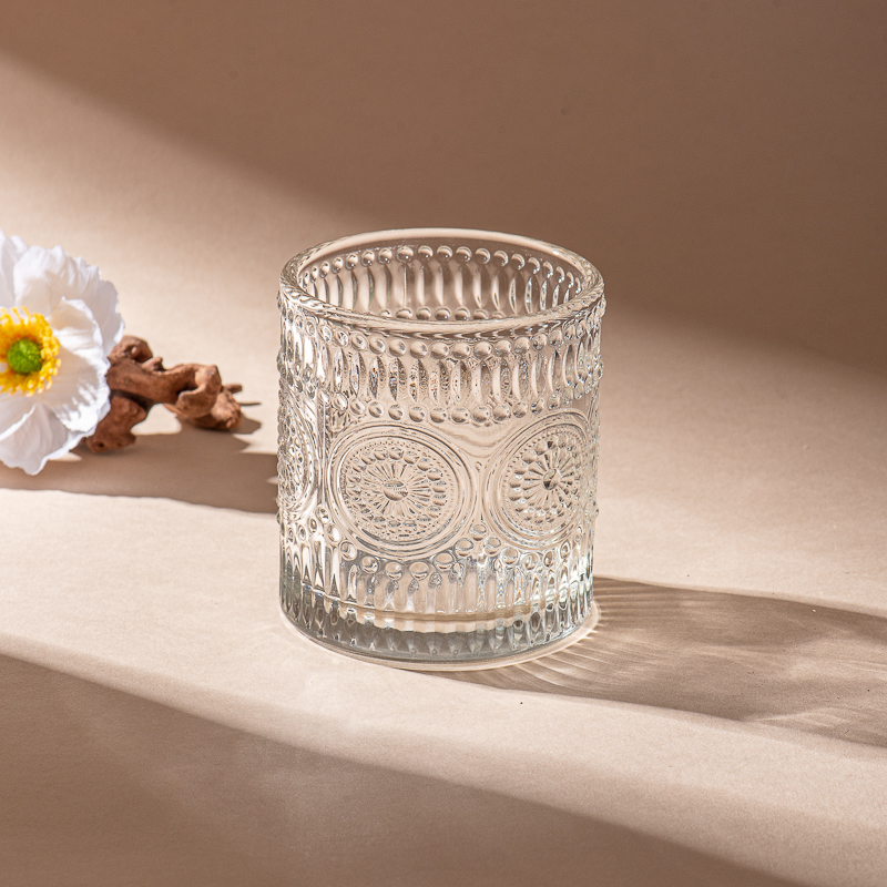 Jarro de vela de vidro transparente de alívio vintage personalizado para decoração de casa