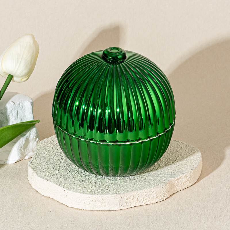 Green Round Ball Glass Candle Vessels With Lids Wholesale