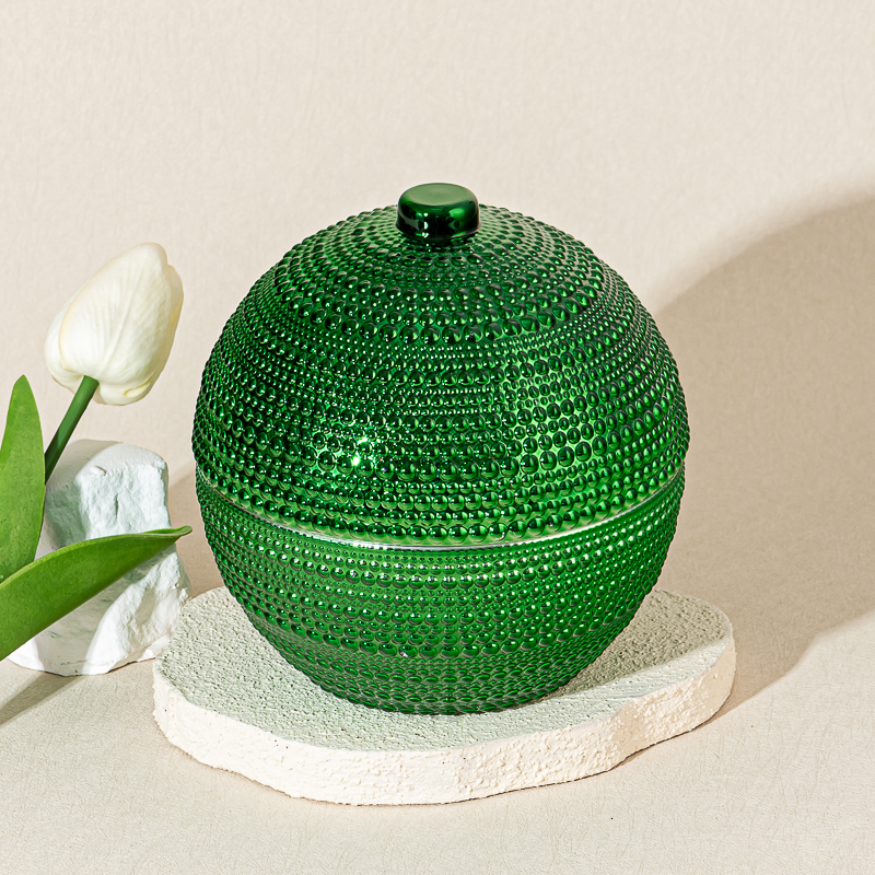 Luxury Green Embossed Ball Shape Glass Candle Jar with Lid Decorative Candle Holder