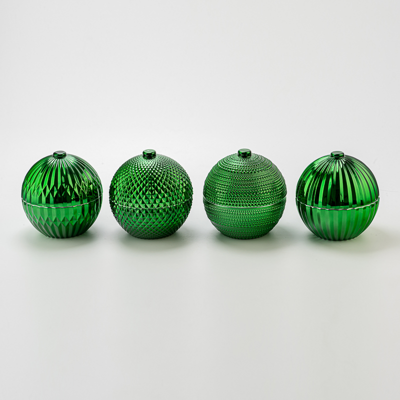 Luxury Green Embossed Ball Shape Glass Candle Jar with Lid Decorative Candle Holder