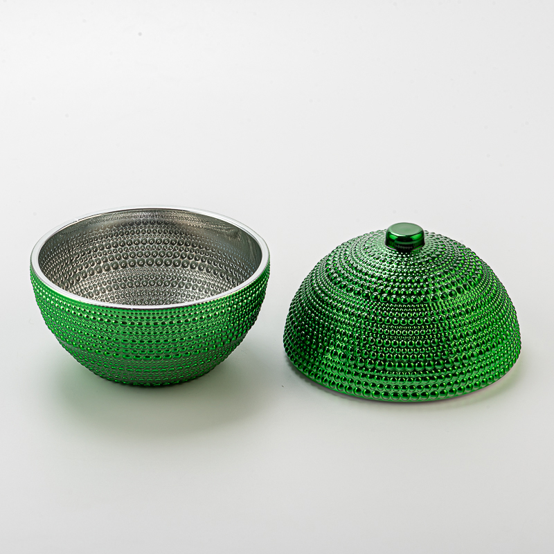 Luxury Green Embossed Ball Shape Glass Candle Jar with Lid Decorative Candle Holder