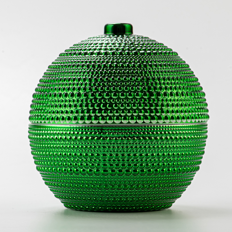 Luxury Green Embossed Ball Shape Glass Candle Jar with Lid Decorative Candle Holder