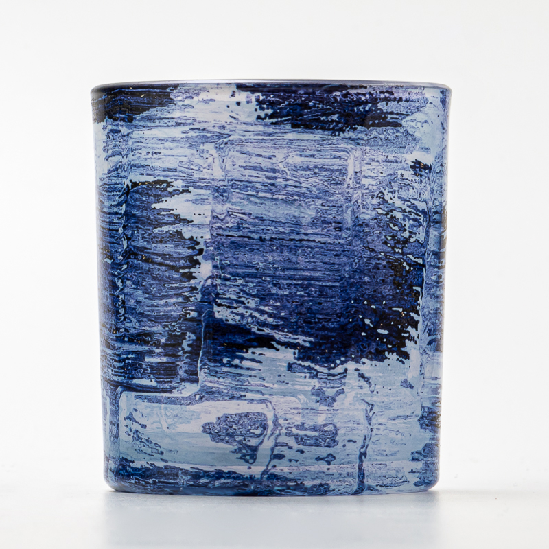 handmade Brush Blue Glass Candle Holder Jar