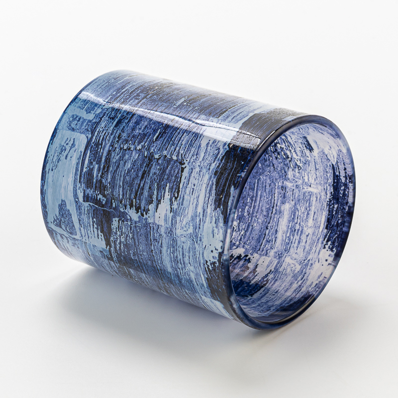 handmade Brush Blue Glass Candle Holder Jar