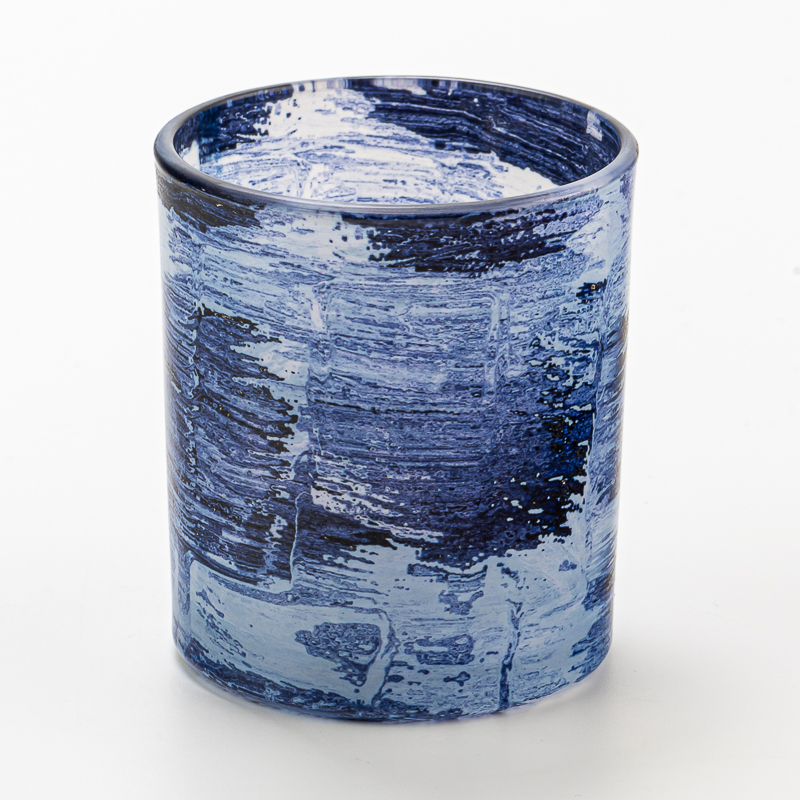 handmade Brush Blue Glass Candle Holder Jar
