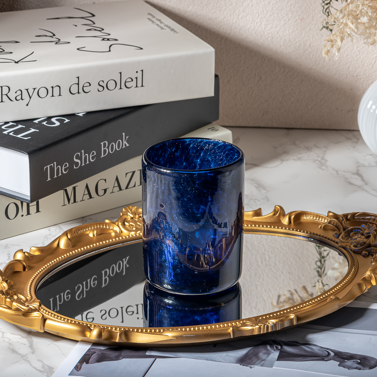 Ev dekorasyonu için toptan derin deniz mavi su dalgalanma cam mum kavanozlar