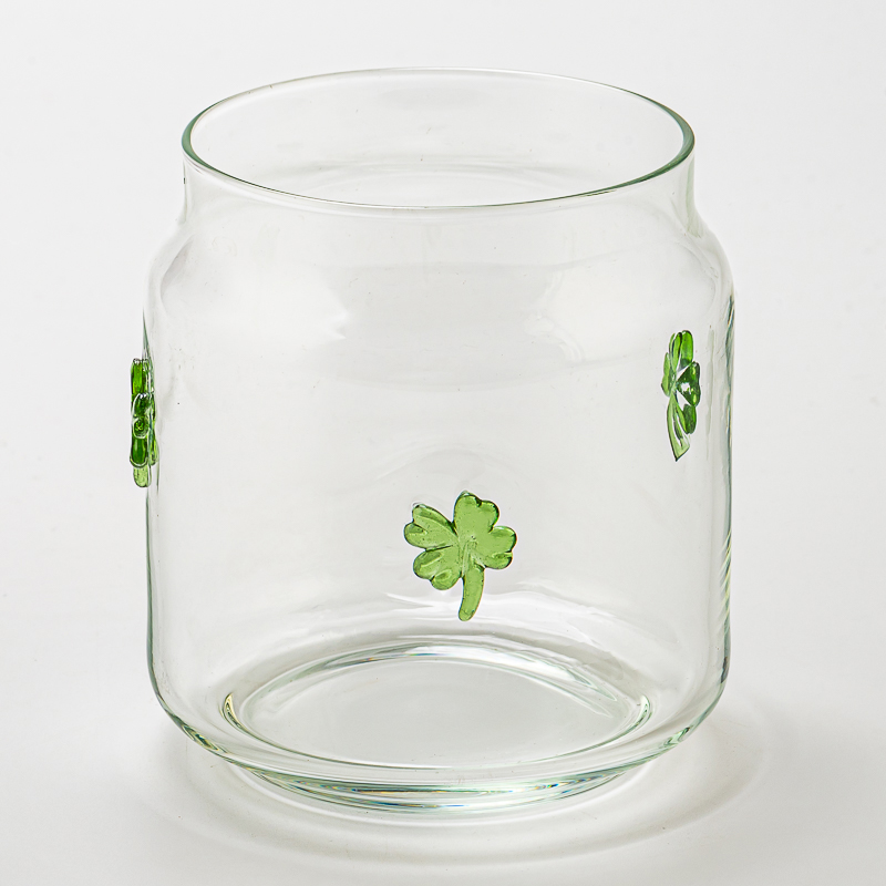 Four Leaf Clover Embellish Clear Glass Candle Jar for Decoration Four Leaf Clover Embellish Clear Glass Candle Jar for Decoration