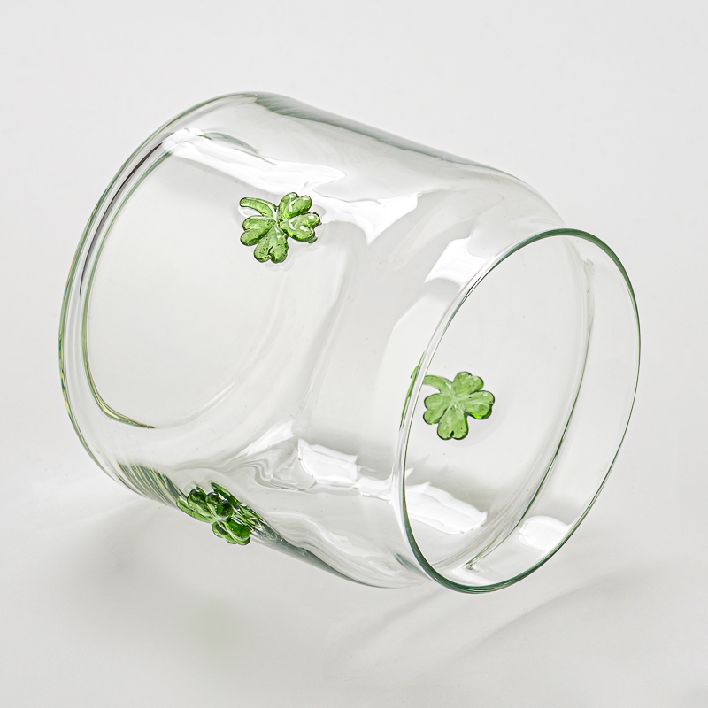 Four Leaf Clover Embellish Clear Glass Candle Jar for Decoration Four Leaf Clover Embellish Clear Glass Candle Jar for Decoration