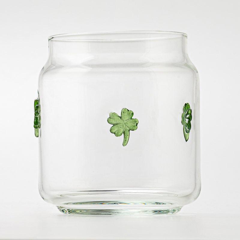 Four Leaf Clover Embellish Clear Glass Candle Jar for Decoration Four Leaf Clover Embellish Clear Glass Candle Jar for Decoration
