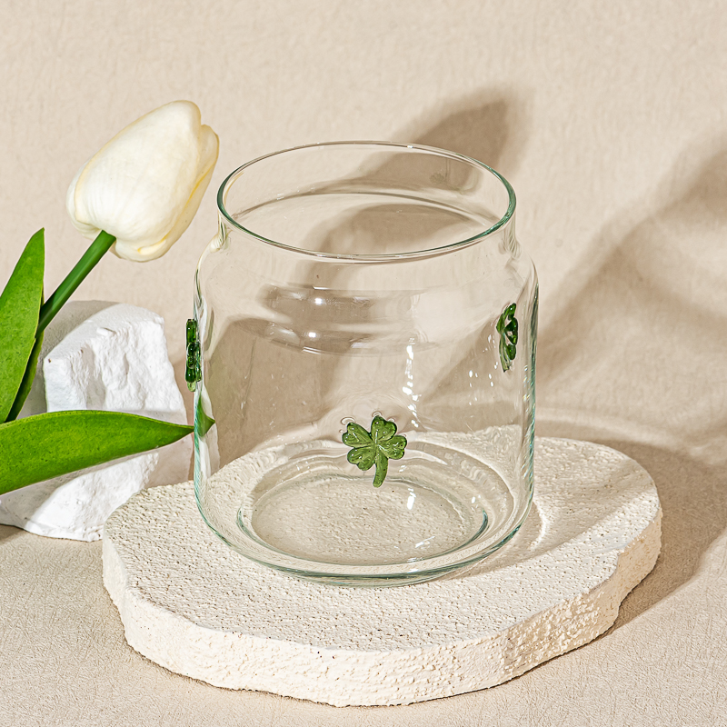 Four Leaf Clover Embellish Clear Glass Candle Jar for Decoration