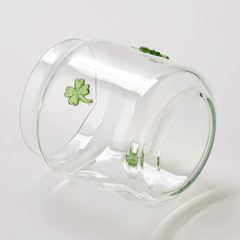 Four Leaf Clover Embellish Clear Glass Candle Jar for Decoration