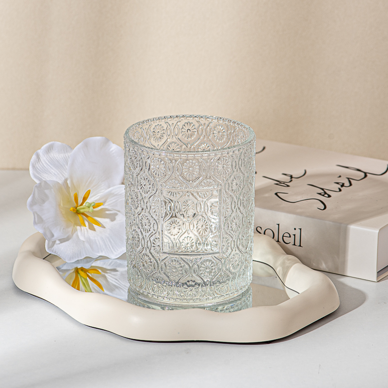 Luxury Embossed Floral Patterns Glass Scented Candle Jar for Home Decor