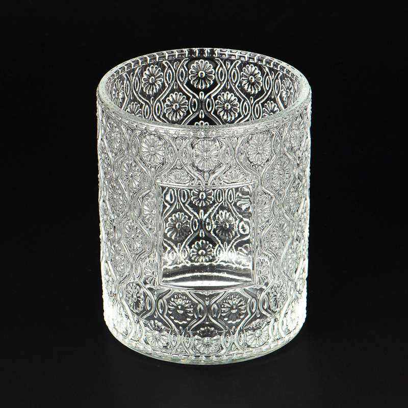 Luxury Embossed Floral Patterns Glass Scented Candle Jar for Home Decor