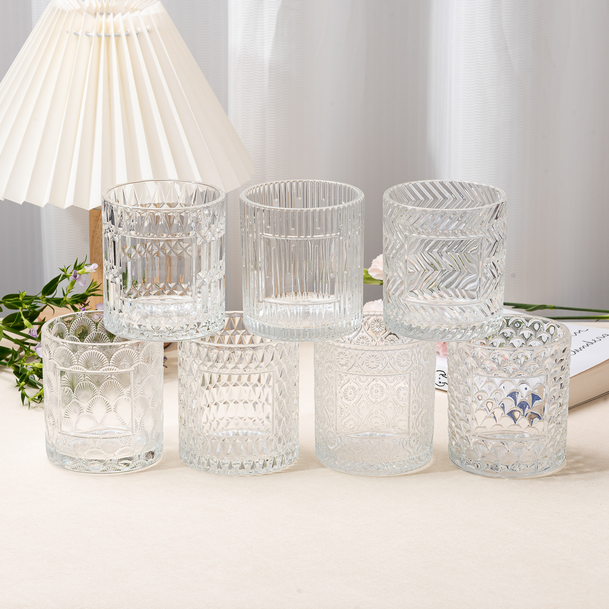 Custom Label Cylinder Embossed Glass Jar Empty Candle Holder for Candle Packaging Custom Label Cylinder Embossed Glass Jar Empty Candle Holder for Candle Packaging