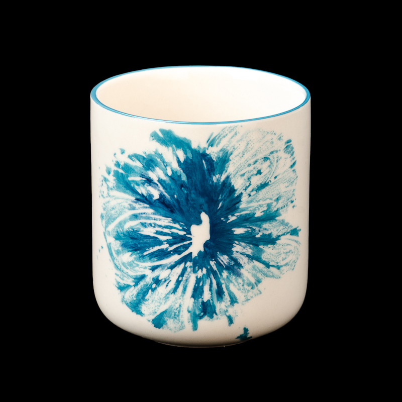 pot de bougie en céramique blanc et bleu de décoration intérieure de 11 oz