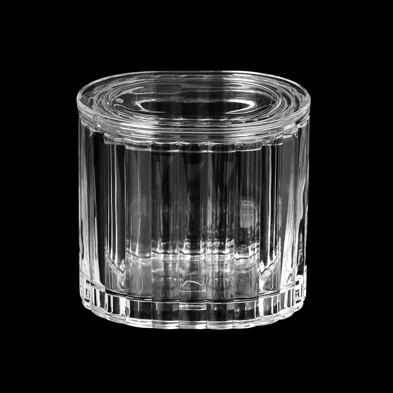 Birgir 400ml Lóðrétt lína sporöskjulaga kertaker úr gleri með samsvarandi sporöskjulaga loki úr gleri