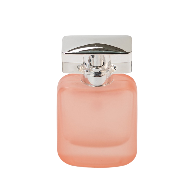 Bottiglia di profumo quadrata in vetro rosa smerigliato con coperchio in argento