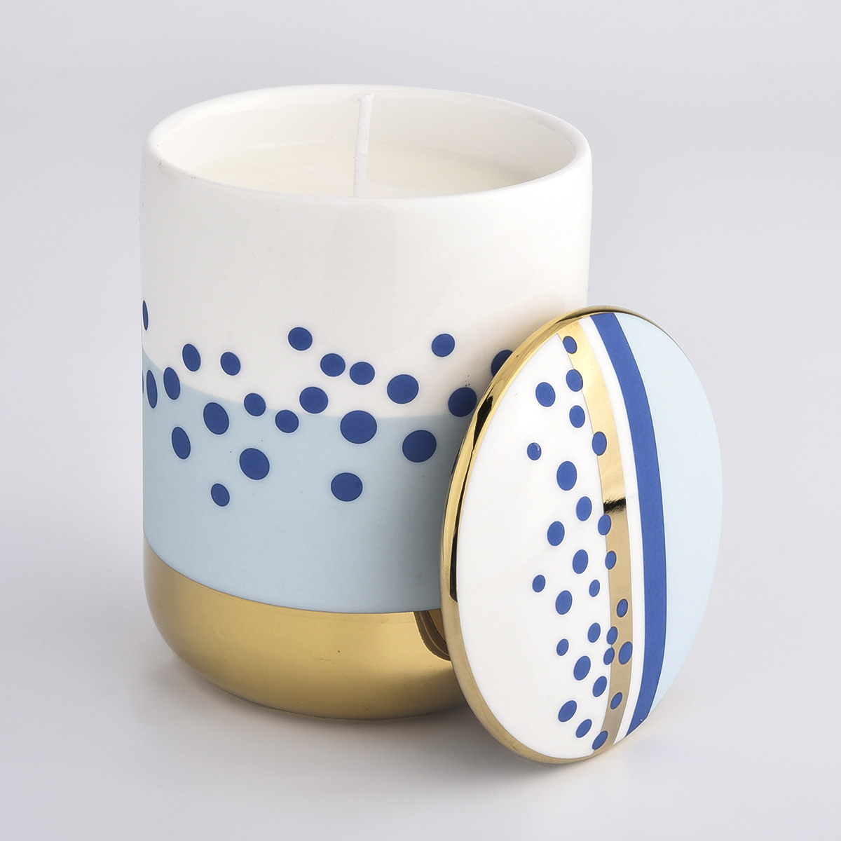 barattolo di candela in ceramica blu e bianca dipinto a mano di lusso