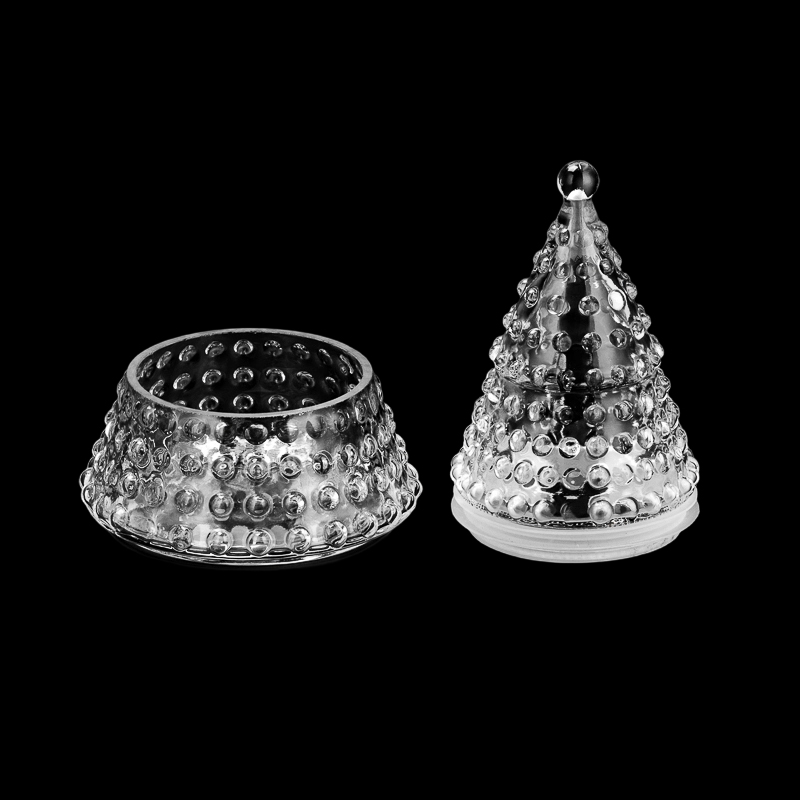 চীন সরবরাহকারী 340ml বিলাসবহুল নতুন ক্রিসমাস ট্রি আকৃতির গ্লাস ক্যান্ডেল জার এবং মিলিত কাচের ঢাকনা এবং সিলিকন নির্মাতা