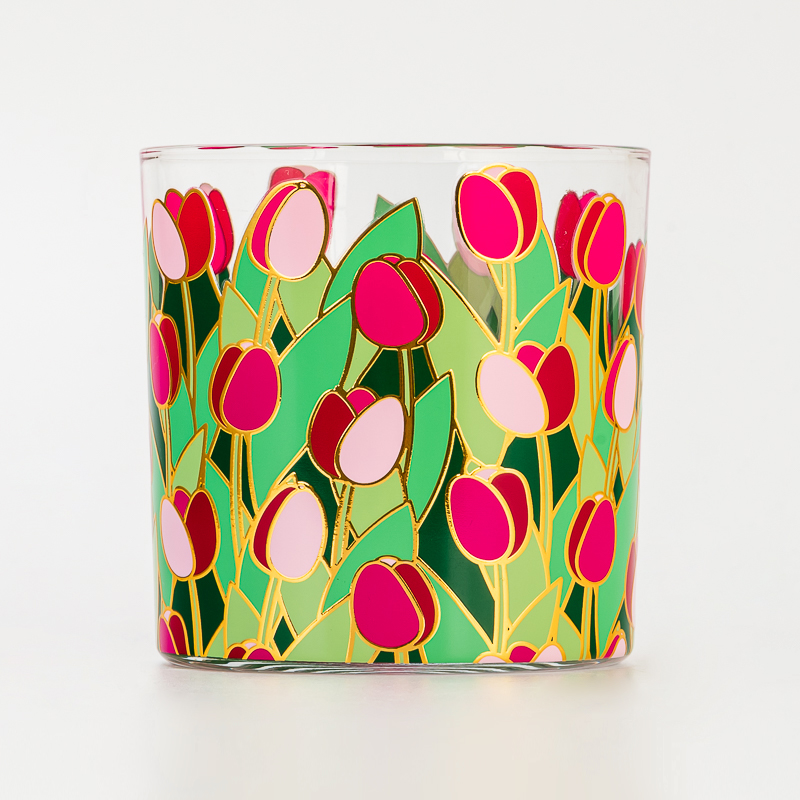 বাড়ির সাজসজ্জা দুই wicks ফুল প্রিন্টিং গ্লাস মোমবাতি জার