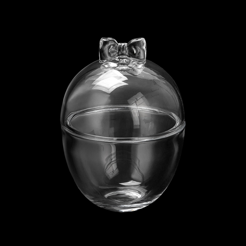 Supplier 369ml Egg Shape Glass Candle Jar With Matched Glass lids & Bowknot Handle 