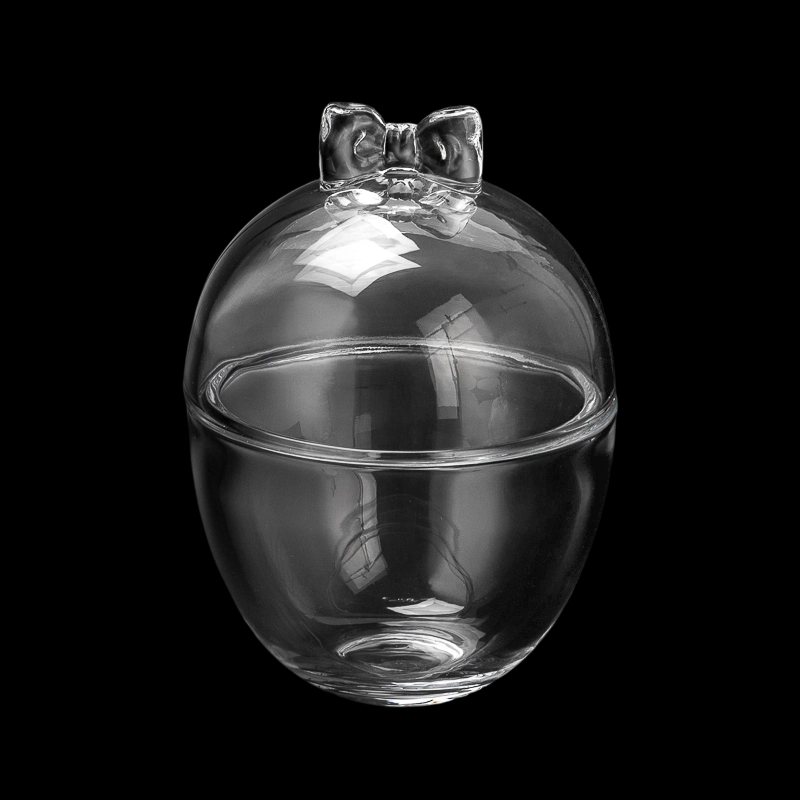 Supplier 369ml Egg Shape Glass Candle Jar With Matched Glass lids & Bowknot Handle 