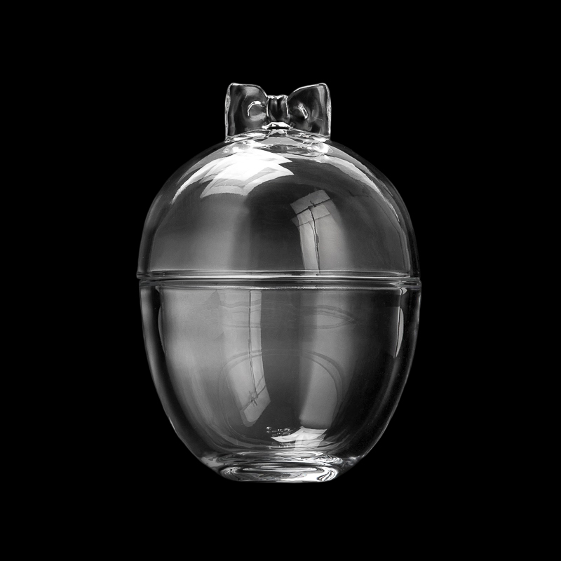 Supplier 369ml Egg Shape Glass Candle Jar With Matched Glass lids & Bowknot Handle 