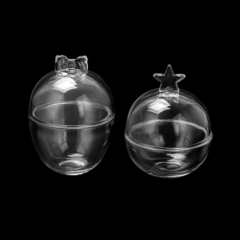 Supplier 369ml Egg Shape Glass Candle Jar With Matched Glass lids & Bowknot Handle 