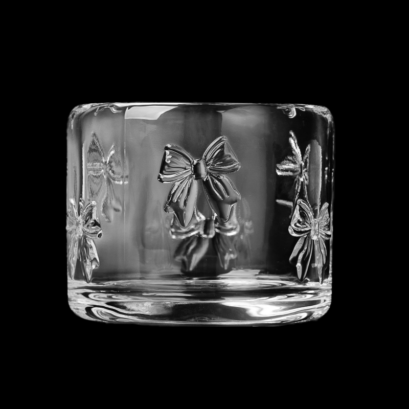 Low MOQ Custom Color Bow Pattern Glass Candle Jar For Decoration Empty Bow Glass Candle Jar For Candle Making