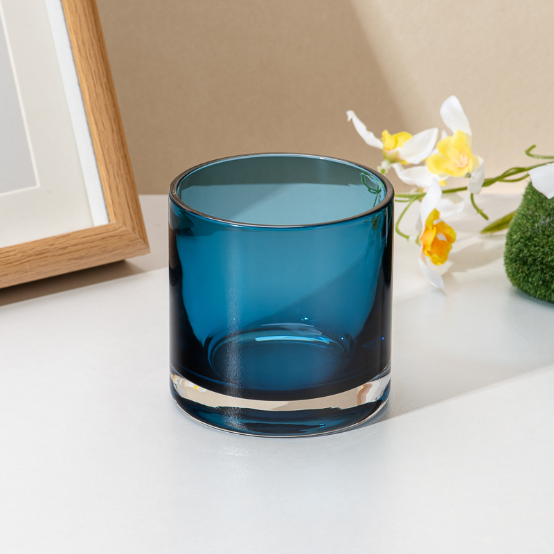 Transparent Dark Blue Glass Candle Jar with Thick Clear Base