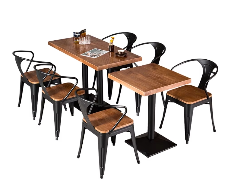 Modern Industrial Style Coffee Shop Fast Food square Cafe Commercial Wood Restaurant Furniture Seating Table and Chair Set