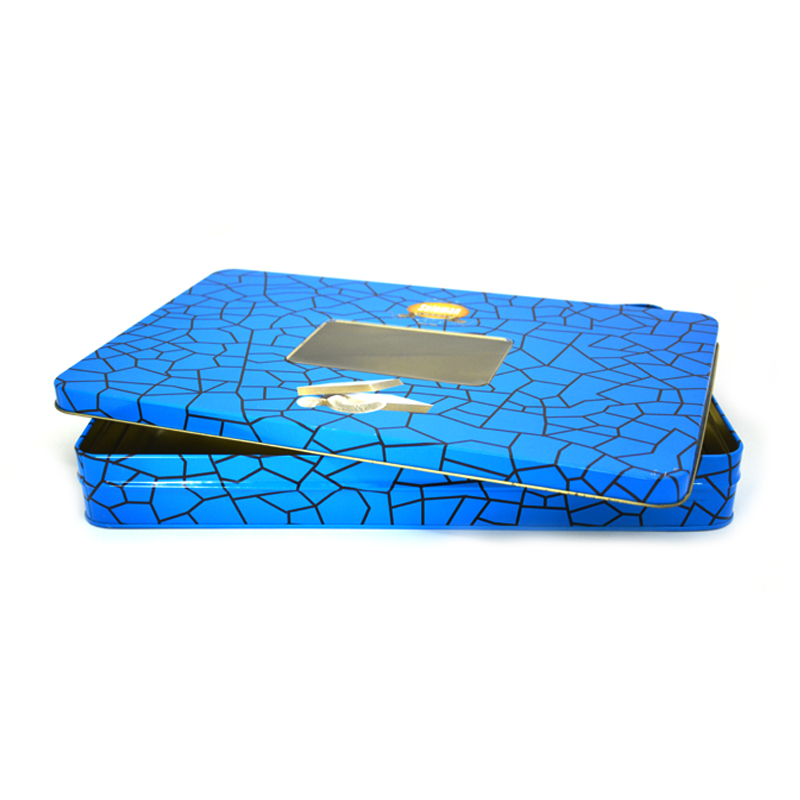 China Rectangle Chocolate Sweets Gift Box Custom Printed Food Storage PVC Window Metal Tin Box manufacturer