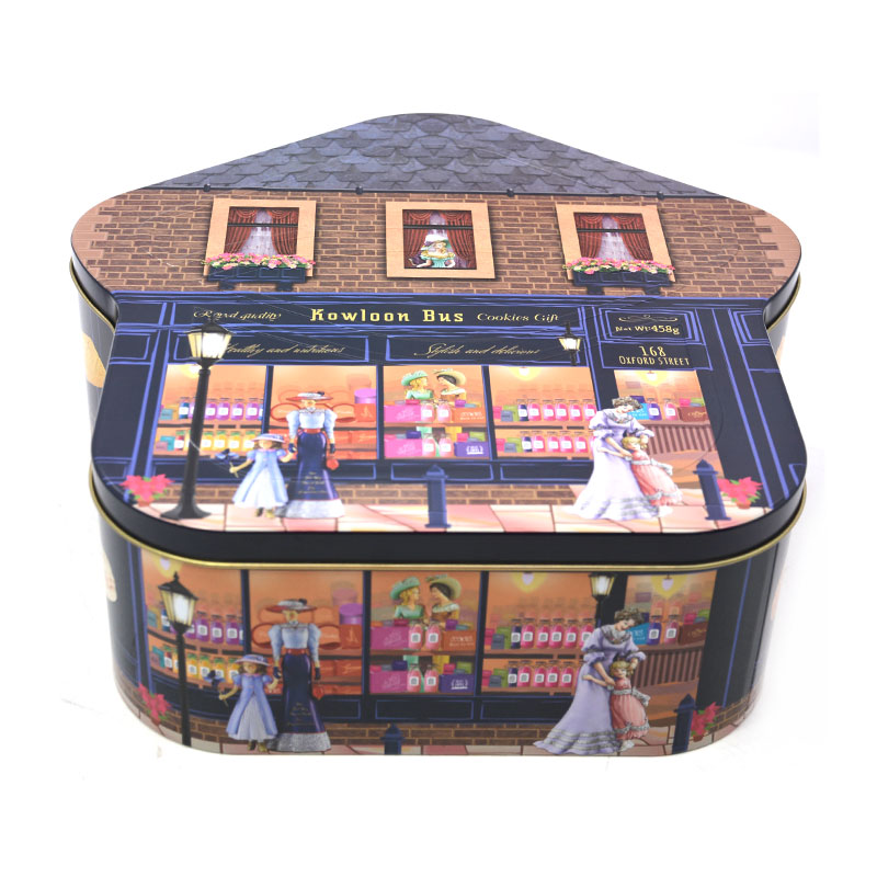 Factory Wholesales House Shape Biscuit Cookie Food Package Tin Box Gift Festival Metal Canister